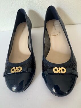 Cole Haan Navy Patent & Textured Pattend Leather with Gold Logo Accent